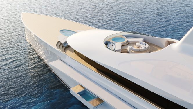 Clean lines of the foredeck with pool and Jacuzzi © Feadship