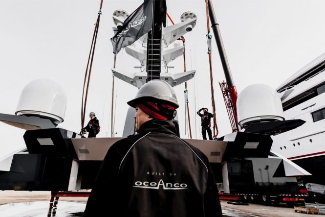 127m luxury mega sailing yacht Y721 from Oceanco leaves shed
