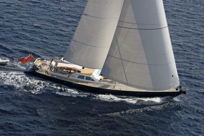 Aerial view of the sailing yacht SONGBIRD