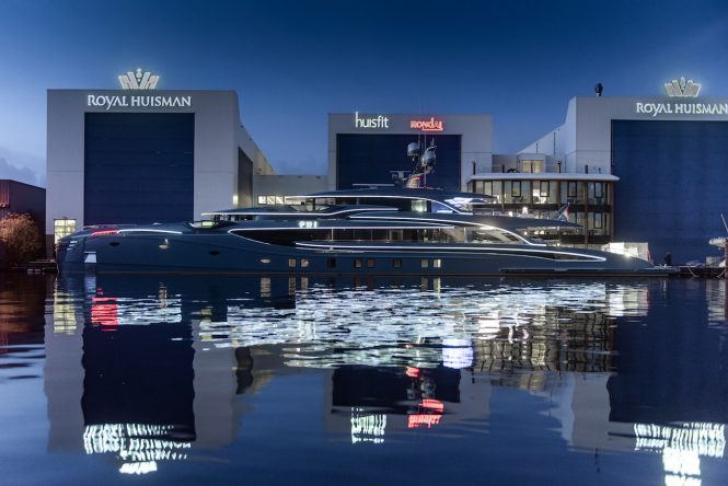 Royal Huisman superyacht PHI delivery celebrated with laser light show
