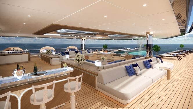 Amazing vast main deck area with a pool, lounging and dining area designed by Nuvolari Lenard