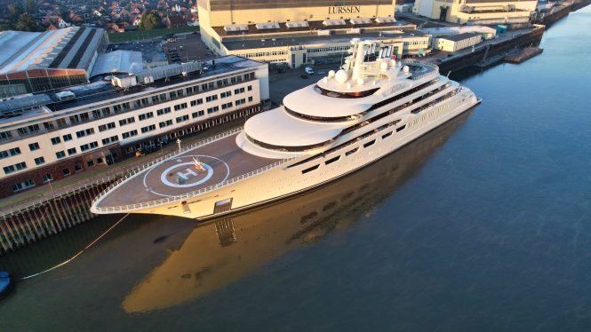 Aerial view of DILBAR at Lurssen - Photo © DrDuu