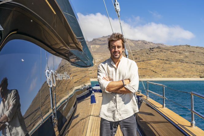 On board the Sunreef 80 Eco luxury catamaran yacht Marie-Joseph with Fernando Alonso