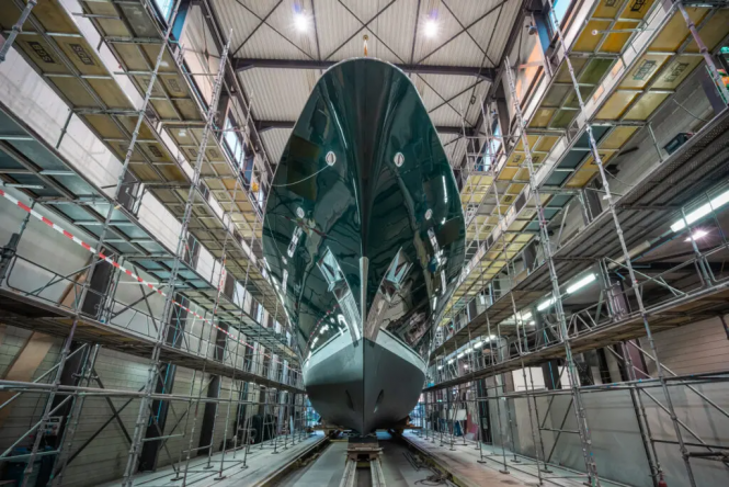 Luxury yacht EMERALD bow view featuring Orion green hull