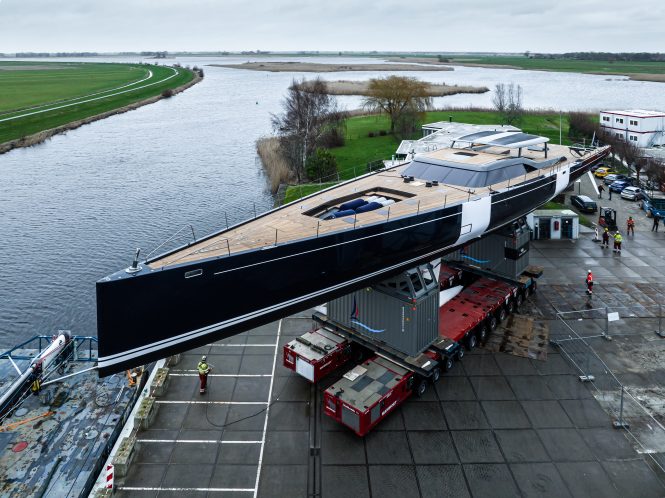 Sailing yacht NILAYA emerges from the shed as the first Royal Huisman Featherlight