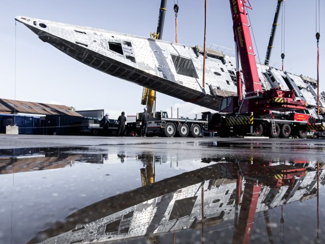 65m Sailing yacht AQUARIUS II (Royal Huisman Project 408) took another step towards completion as her hull was turned