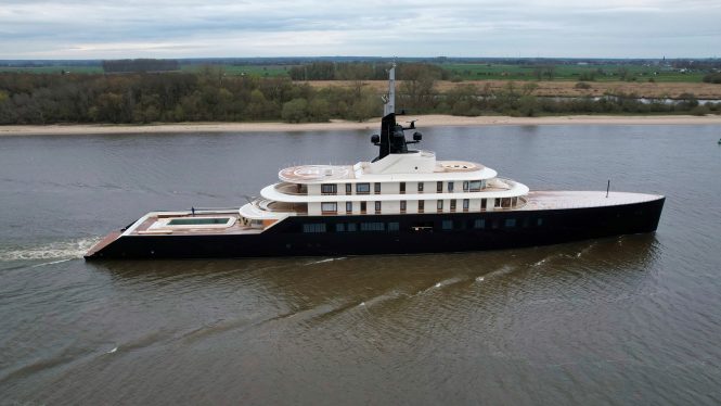 Work continues on 118m mega yacht CELERIUS as she is spotted on sea trials