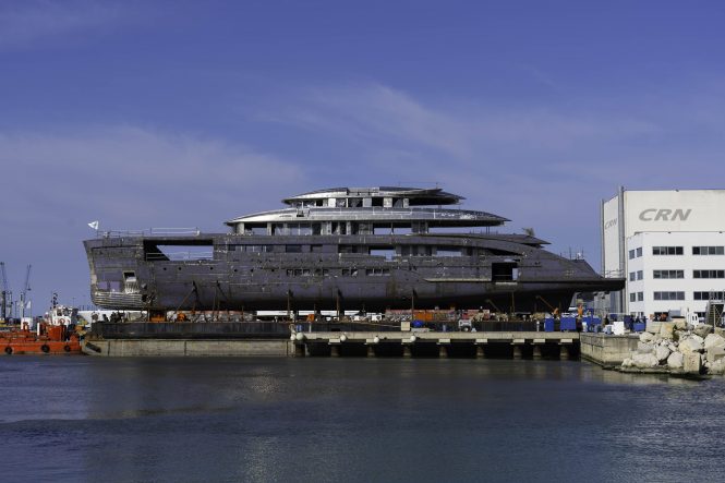 67m mega yacht CRN143 PROJECT MARANELLO – hull has been relocated as she continues to take shape