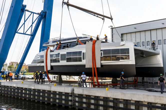 The 80 Sunreef Power Eco yacht hits water