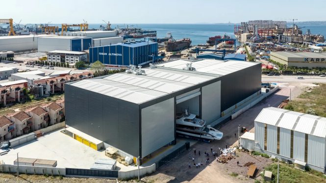 Motor yacht WATERLILY emerges from the shed