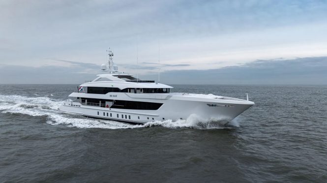 55m superyacht IRIS BLUE – a Heesen 55 Steel – is seen on sea trials in the North Sea