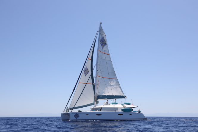 Charter 20m luxury sailing catamaran LIR with no deliver fees in the Western Mediterranean