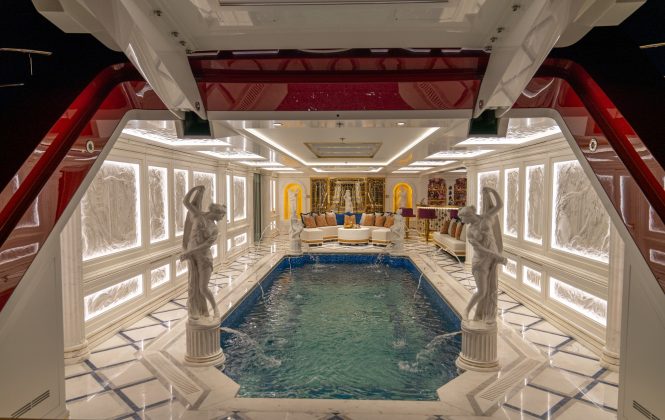 Superyacht LEONA - opulent Grecian style beach club | image from Bilgin Yachts