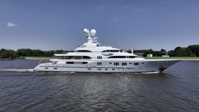 Luxury mega yacht ROCINANTE seen on sea trials after refit at Lurssen shipyard