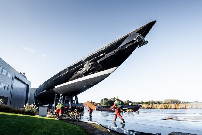 Sailing yacht PROJECT 408 AQUARIUS II from Royal Huisman is moved for outfitting and testing