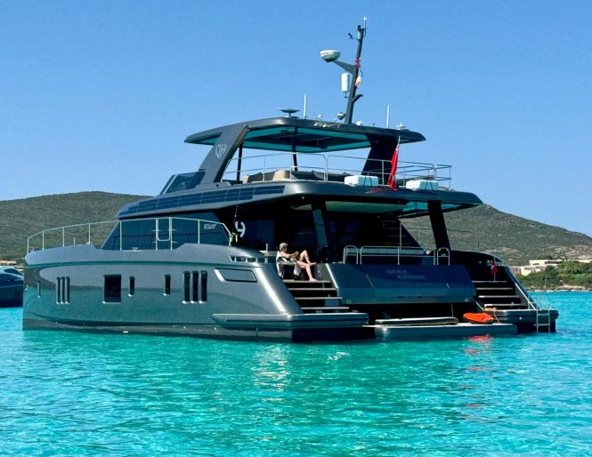 Contemporary eco-conscious 18m motor catamaran DOUBLE HAPPINESS available for charter in the Bahamas and the Caribbean