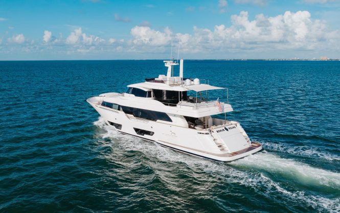 28m Custom Line charter yacht BONUS ROUND offers special rates in the Bahamas