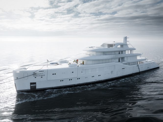 Superyacht AMELS 8003 arrives in the Netherlands for outfitting