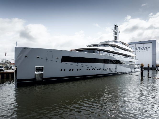 101-m mega yacht MOONRISE exits shed at Feadship