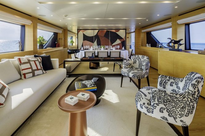 Unwind in the stylish main salon on board motor yacht ELYSIUM