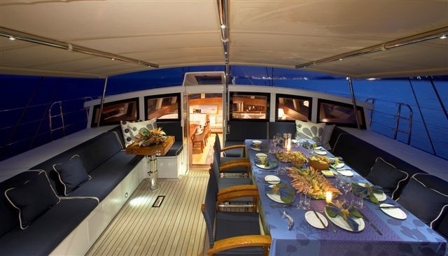 Evening: Yacht CINDERELLA IV's Cockpit Eating/dining Image