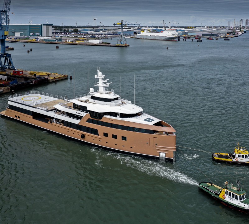 Damen Yachting SeaXplorer 77 LA DATCHA Emerging From Dock